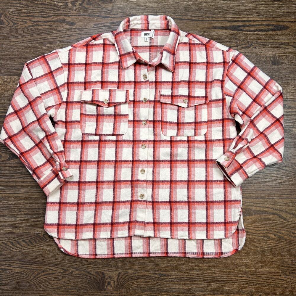 BKE Boyfriend‎ Flannel Shirt Womens Large Red Plaid Button Front Western Rodeo